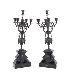 PAIR OF 19TH C. FRENCH 5-LIGHT CANDELABRA: French, 19th century. Pair of Victorian era Renaissance Revival patinated metal 5-light garniture candelabras, each having a vasi-form stem with figural mask, on slate and marble base, apparently unma