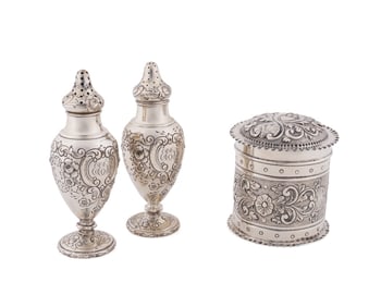 3PCS STERLING SILVER; PAIR SHAKERS & DRESSER BOX