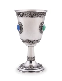 BEZALEL STYLE SILVER & GEM STONE KIDDUSH CUP