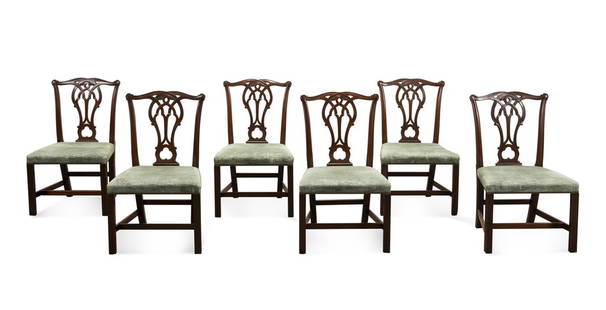 KITTINGER, SET OF 6 CHIPPENDALE STYLE SIDE CHAIRS: Kittinger Company (American, founded 1866), 20th century. Set of six mahogany side chairs in the Chippendale taste, each having a serpentine crest, pierced splat, and rising on straight legs, two reta