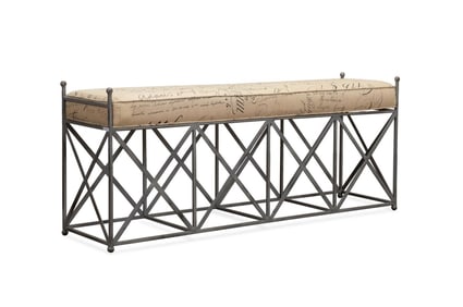 CONTEMPORARY IRON BENCH WITH SCRIPT UPHOLSTERY