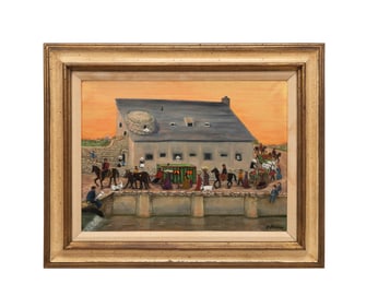 GLORIA STUART, FIGURAL DOCK SCENE, OIL ON CANVAS