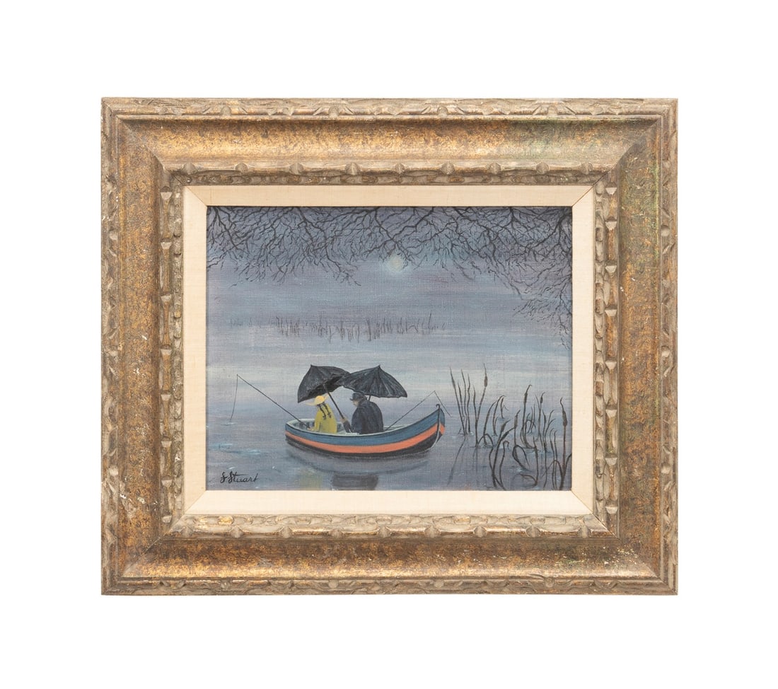 GLORIA STUART, FIGURAL FISHING SCENE OIL (1 of 5)