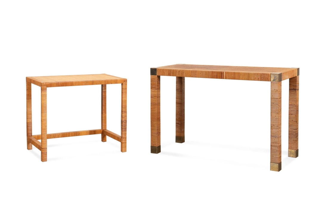 BIELECKY BROS., TWO CANE & RATTAN END TABLES: Bielecky Brothers (American, founded 1903), late 20th century. Two cane and rattan end tables, one having brass capped feet, both apparently unmarked. Provenance: Private Collection of Scott Smith, Ma