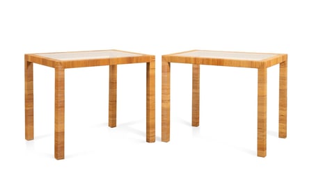 BIELECKY BROS., TWO CANE GLASS TOP TABLES