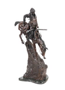 'MOUNTAIN MAN' BRONZER, AFTER FREDERIC REMINGTON: After Frederic Remington (American, 1861-1909). "Mountain Man", patinated bronze on marble plinth, signed to mountain side and inscribed plaque to back. Provenance: Private Collection, Atlanta, GA. Ap