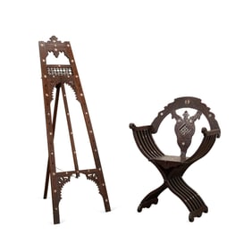 2 WOOD & MOP INLAID PIECES, CHAIR & EASEL