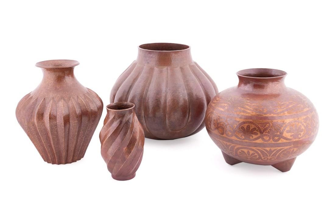 FOUR MEXICAN MICHOACAN COPPER VASES, VARIOUS SIZES (1 of 12)