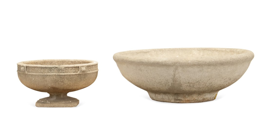 TWO CIRCULAR FOOTED CAST STONE GARDEN PLANTERS (1 of 5)