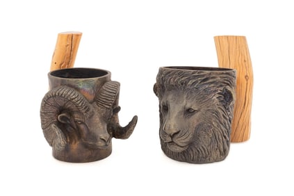 CARL WAGNER, TWO 1978 BRONZE MUGS, LION & RAM