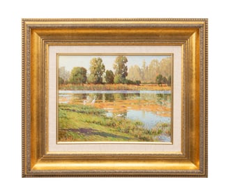 WILLIAM NORTH, POND LANDSCAPE WITH CRANES, O/C
