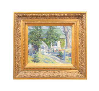 AMERICAN SCHOOL, CHURCH LANDSCAPE, 1925: American School, 1925. Untitled - Path to a Church Landscape, oil on canvas, signed "J. Porter" and dated to LL, label to verso for The Madison Gallery, Atlanta, GA. Framed. Provenance: Private Collec