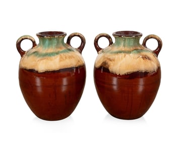 ROBINSON RANSBOTTOM POTTERY, PAIR OF GLAZED URNS