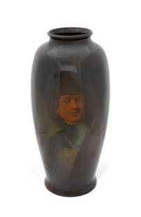 A. DUNLAVY 'REMBRANDT' ROZANE VASE BY ROSEVILLE: Anthony Dunlavy (American, 1874-1943) by Roseville Pottery (American, 1890-1954) active from 1903-1907. "Rembrandt" portrait on a large Rozane Ware pottery vase, having a dark brown glaze, signed "Dun