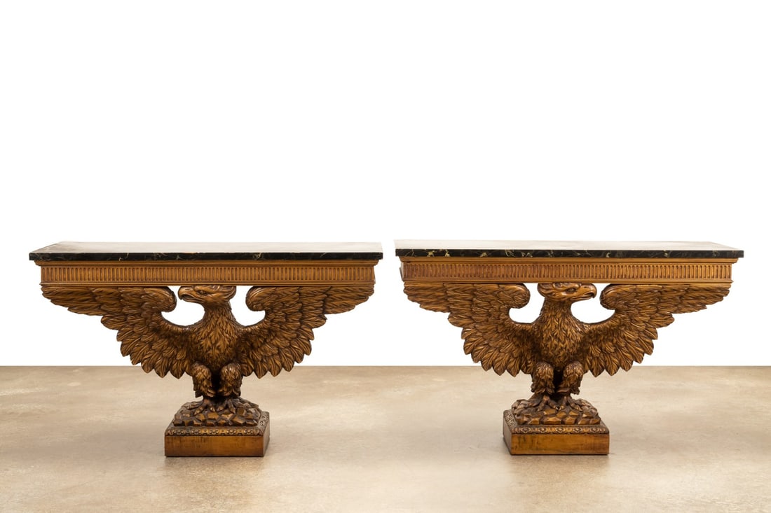 PAIR OF EAGLE PIER TABLES, MANNER OF WILLIAM KENT: Manner of William Kent (English 1685-1748) or Francis Brodie (Scottish, 1708-1782), second half 20th century. Pair of wooden pier or console tables in the George II taste, having an antique gold finis