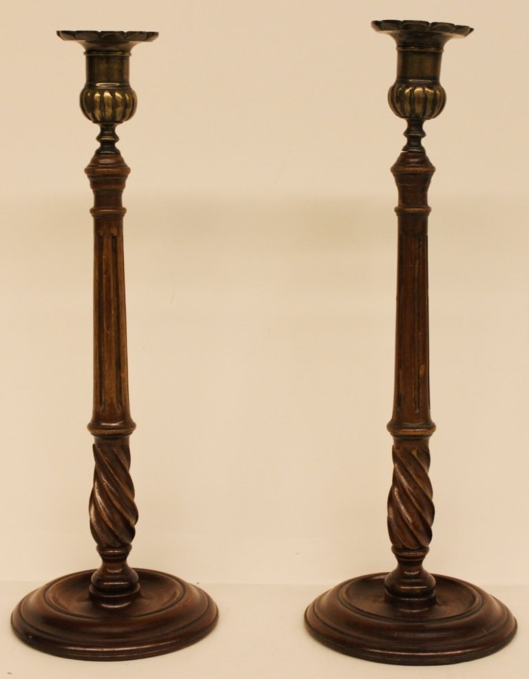 Pair of English Walnut Candlesticks w/ brass candle cup: Pair of English Walnut Candlesticks w/ brass candle cups ( c. 1830 ) - 14" T