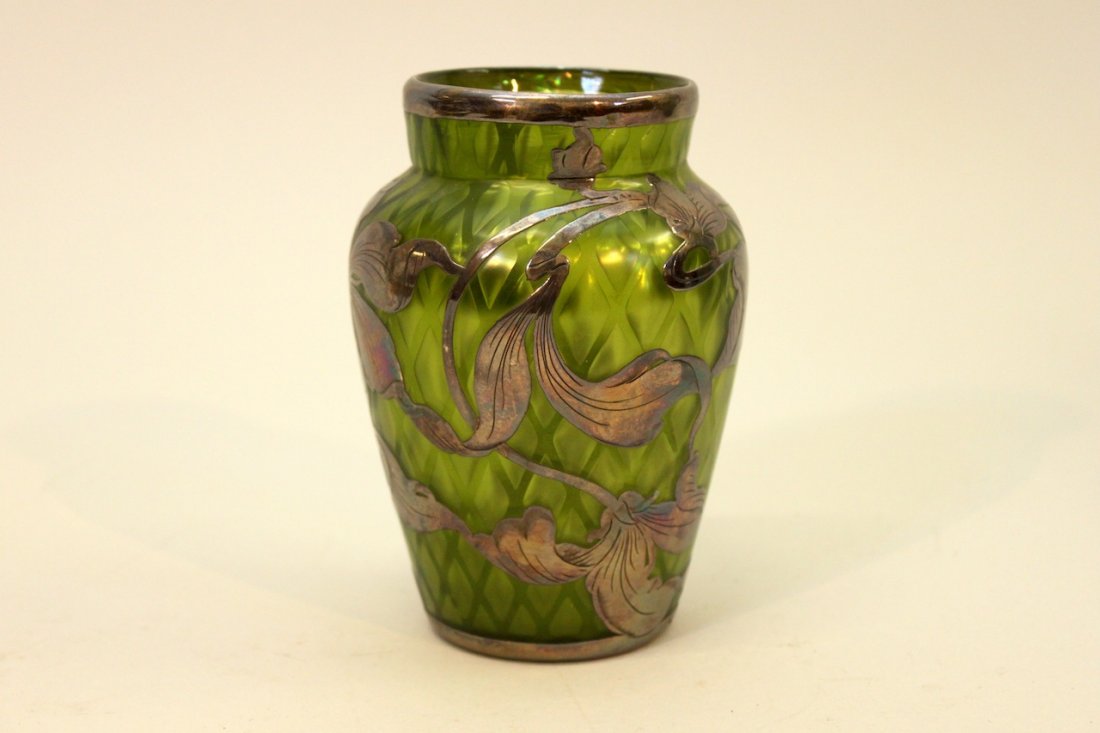 Loetz silver overlay glass vase. Green quilted glass w: Loetz silver overlay glass vase. Green quilted glass with sterling silver overlay. Excellent condition