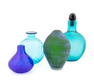 VENINI, FOUR BLUE / GREEN SCENT BOTTLES / VASES