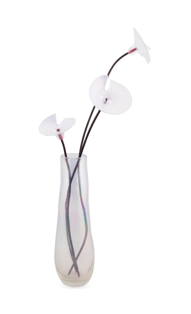 GIORGIO VIGNA FOR VENINI GLASS VASE & 3 FLOWERS: Giorgio Vigna (Italian, 1955) for Venini (Italian, founded 1921), 2002. Blown Murano colorless iridescent glass vase, having three colorless glass flowers with copper stems, the vase appropriately mar