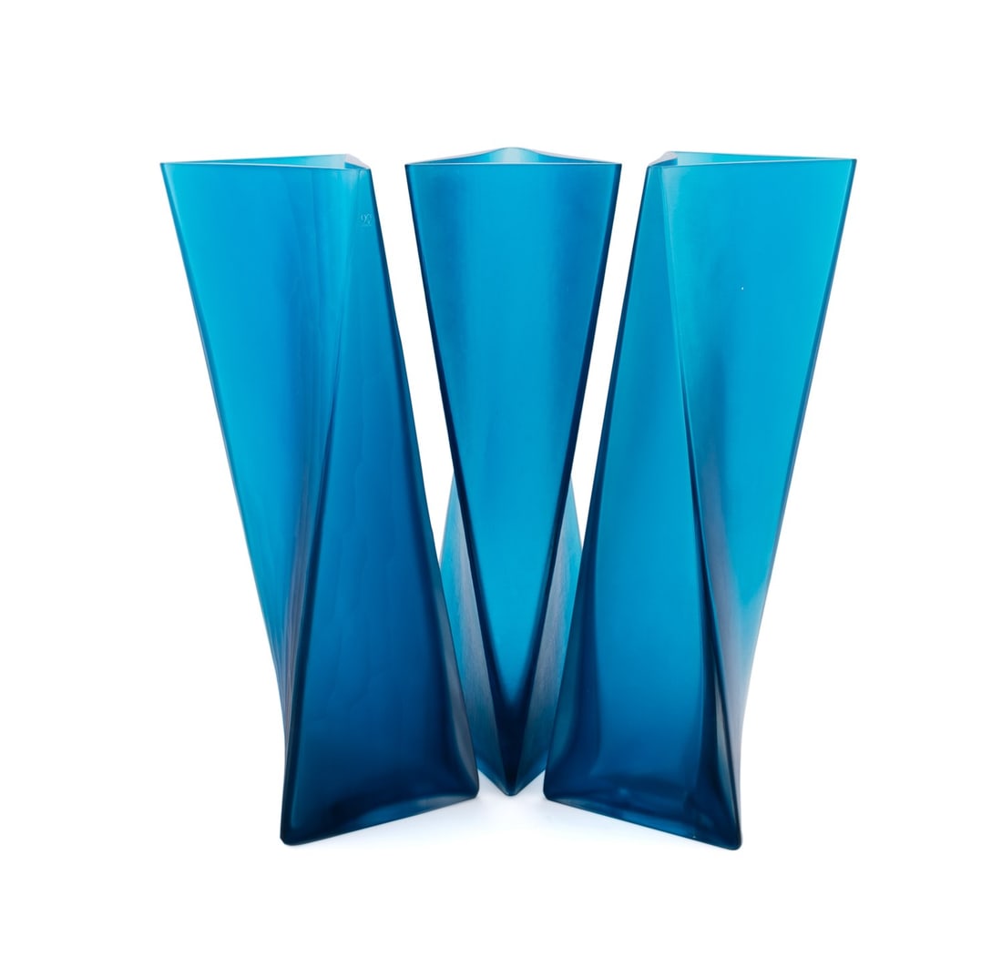 TADAO ANDO FOR VENINI, 3 ANDO SERIES VASES, 11/30: Tadao Ando (Japanese, born 1941) for Venini (Italian, founded 1921), 2011. Three-piece limited edition blown Murano aquamarine blue "Rosetta", "Ghiaccio", and "Velato" glass vases from the Ando series