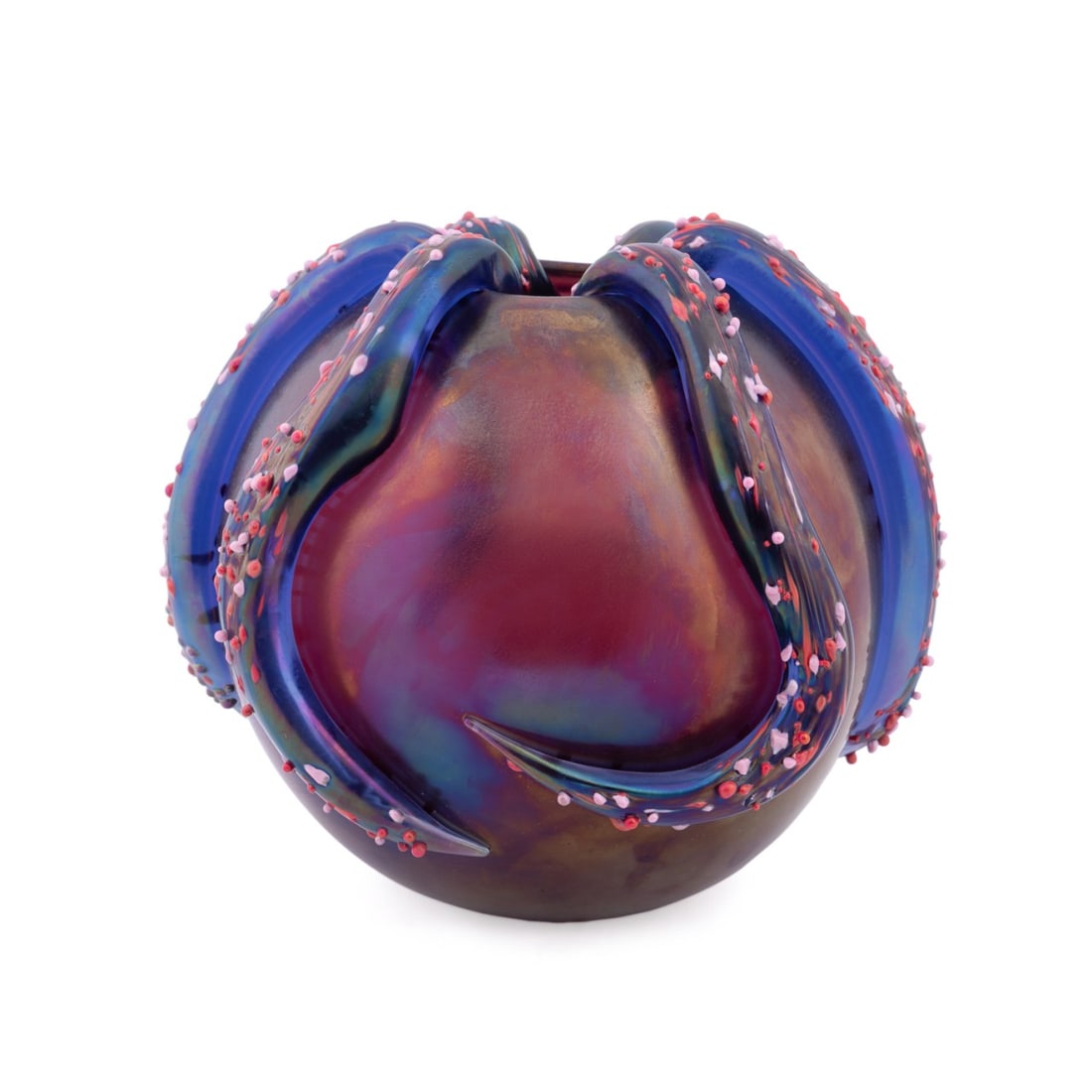 GAE AULENTI FOR VENINI 'POLPO' VASE, 22/99: Gae Aulenti (Italian, 1927-2012) for Venini (Italian, founded 1921), 2006. Limited edition Murano red "Polpo" blown iridescent glass vase having applied blue arms with pink and red elements, appropria