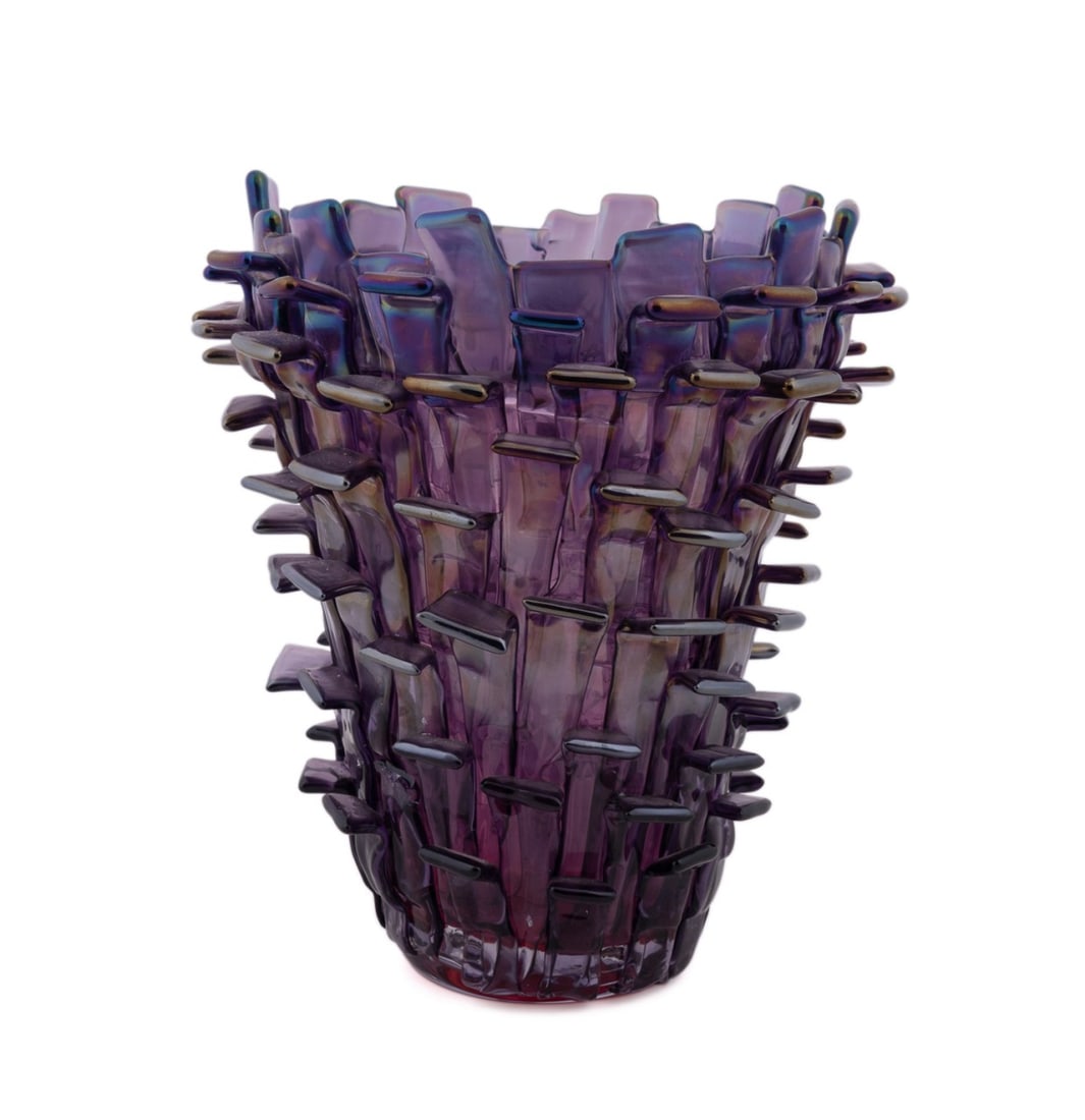 FULVIO BIANCONI FOR VENINI 'RITAGLI' VASE, 103/199: Fulvio Bianconi (Italian, 1915-1996) for Venini (Italian, founded 1921), 2008. Limited edition Murano amethyst iridescent "Ritagli" glass vase, model 551, after the original introduced in 1989, approp