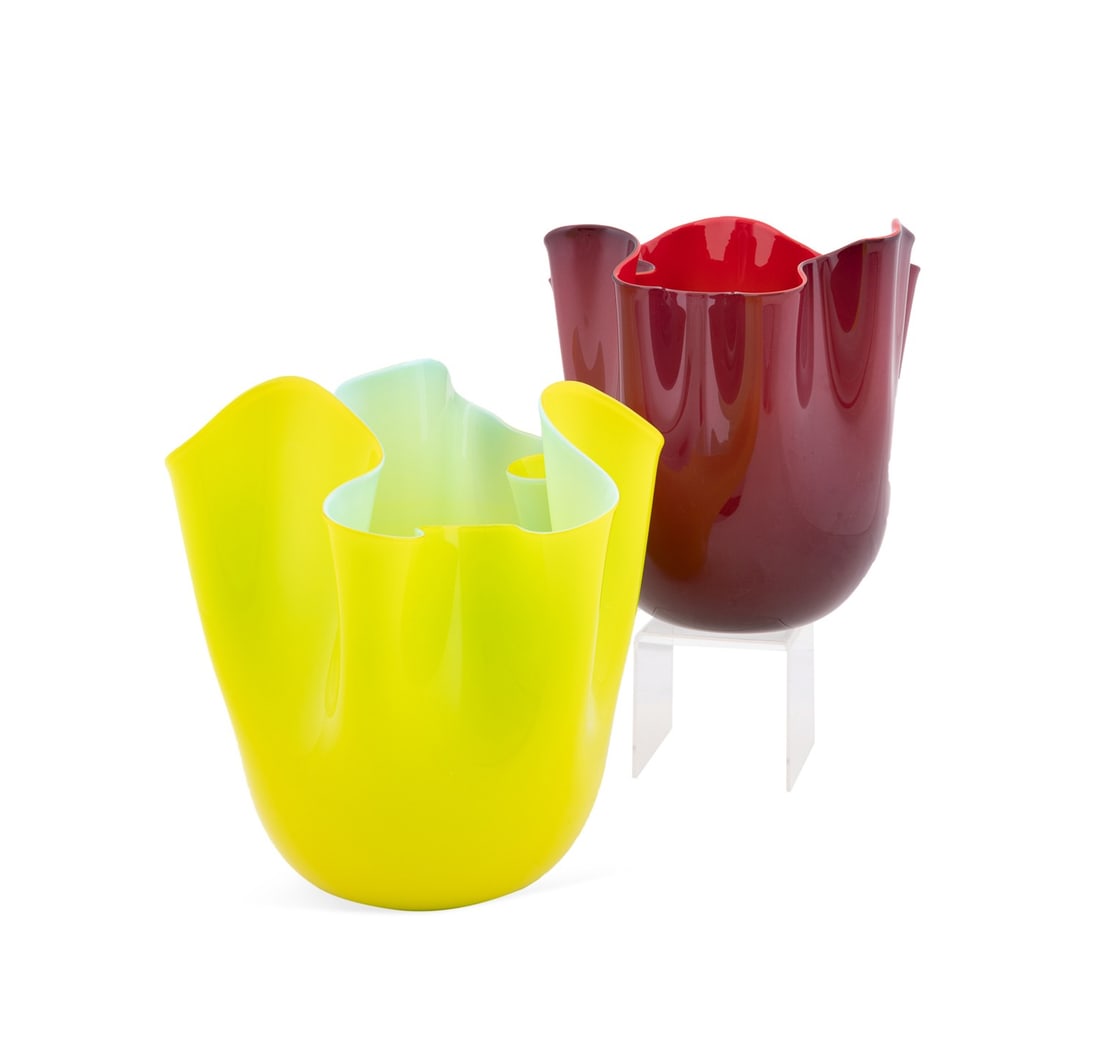 VENINI, TWO 'FAZZOLETTO' GLASS HANDKERCHIEF VASES (1 of 9)