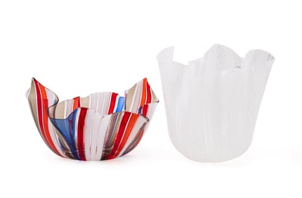 VENINI, TWO 'FAZZOLETTO' GLASS HANDKERCHIEF VASES