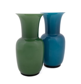 VENINI, 2 INCAMICIATO BLUE & GREEN GLASS VASES
