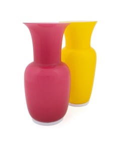 VENINI, 2 INCAMICIATO PINK & YELLOW GLASS VASES
