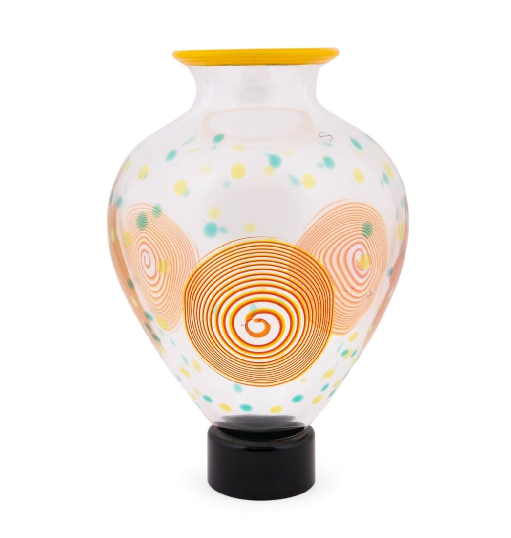 GIOVANNI LEVANTI FOR SALVIATI DEI SOLARI VASE: Giovanni Levanti (Italian, born 1965) for Salviati (Italian, founded 1859), circa 1992. Blown colorless Murano vase from the Dei Solari series, having yellow, orange, and green murrines, appropriately