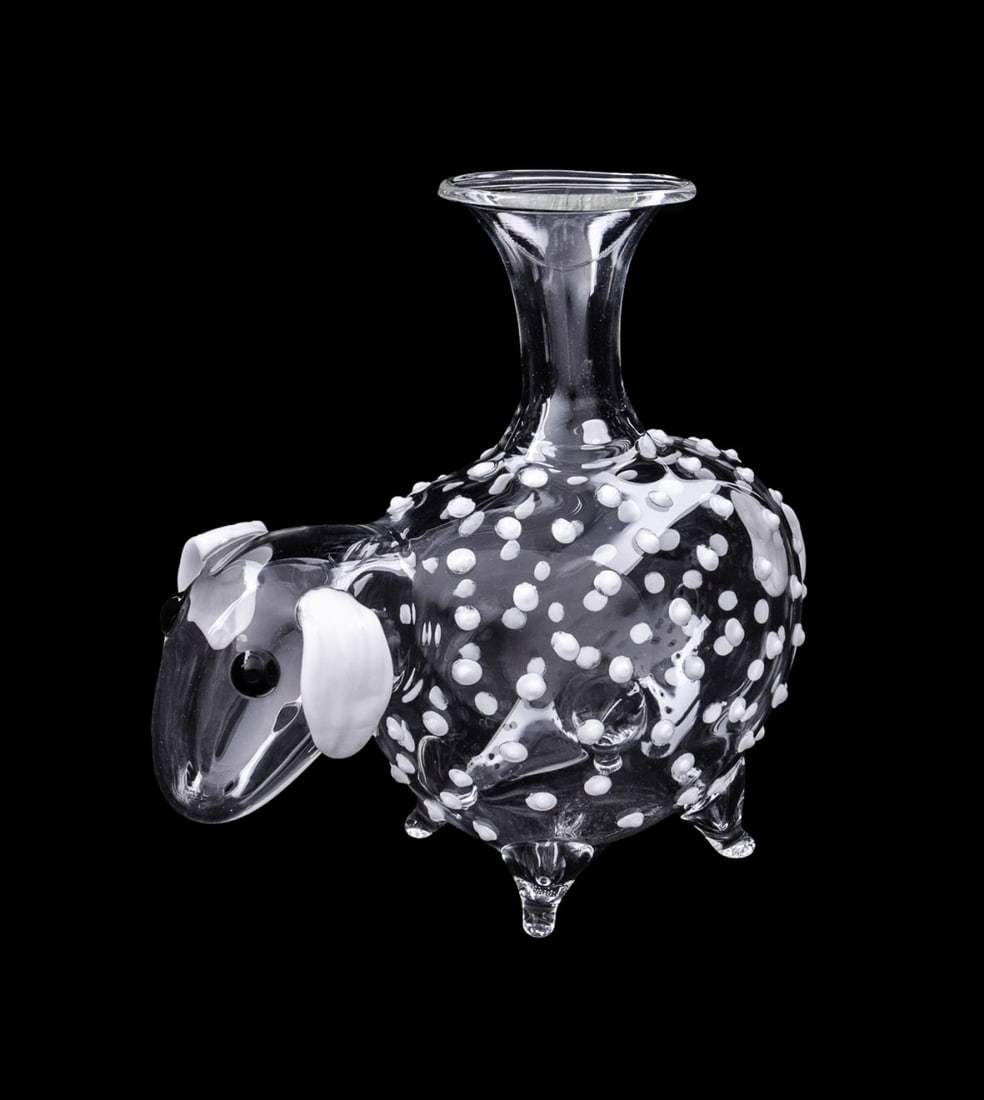 MASSIMO LUNARDON FOR DIOR SHEEP DECANTER: Massimo Lunardon (Italian, founded 1996) for Dior (French, founded 1946), circa 2007. Murano colorless sheep-form glass decanter, having applied white and black accents, appropriately marked. Provenan