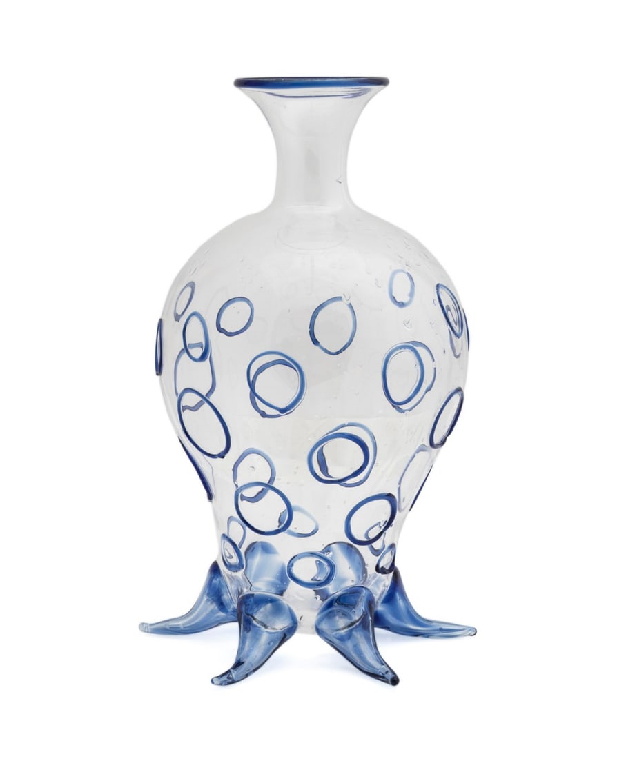 MASSIMO LUNARDON FOR DIOR SQUID DECANTER: Massimo Lunardon (Italian, founded 1996) for Dior (French, founded 1946), early 20th century. Blown Murano colorless squid-form glass decanter, having applied blue accents, appropriately marked. Prove