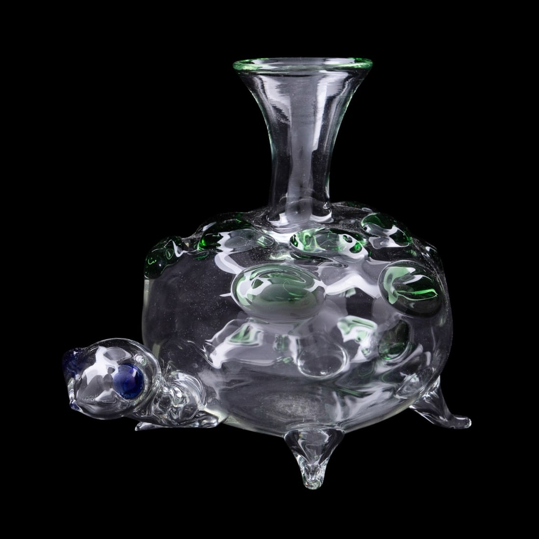 MASSIMO LUNARDON FOR DIOR TURTLE DECANTER: Massimo Lunardon (Italian, founded 1996) for Dior (French, founded 1946), circa 2013. Limited edition Murano colorless turtle-form glass decanter, having applied green and blue accents, appropriately