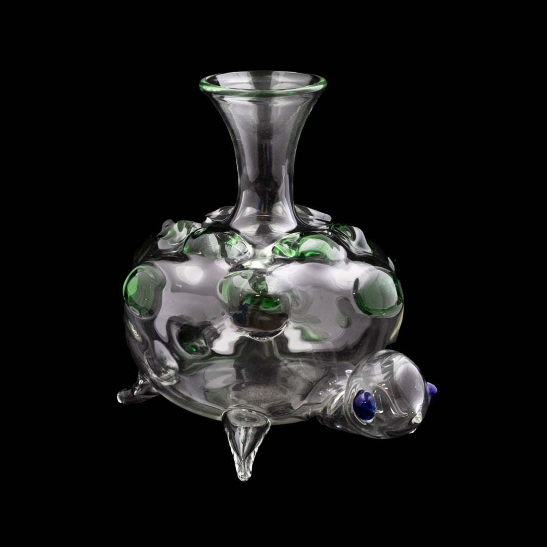 MASSIMO LUNARDON FOR DIOR TURTLE DECANTER: Massimo Lunardon (Italian, founded 1996) for Dior (French, founded 1946), circa 2013. Limited edition Murano colorless turtle-form glass decanter, having applied green and blue accents, appropriately