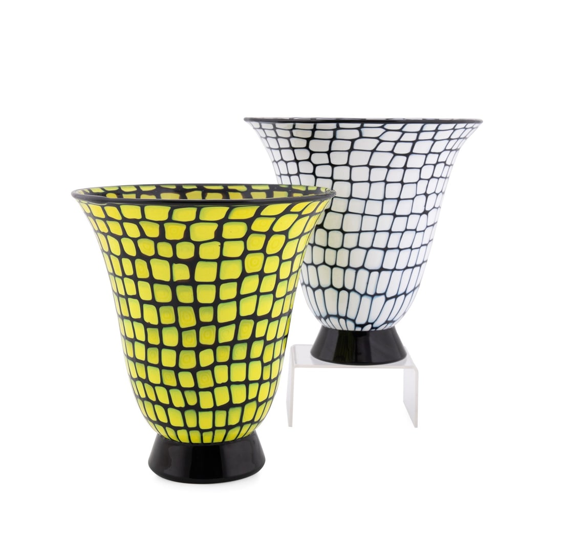 BAROVIER & TOSO, PAIR OF 'NEOMURRINO' VASES: Ercole Barovier (Italian, 1884-1974) for Barovier & Toso (Italian, founded 1925), post 1985. Pair of Murano "Neomurrino" glass vases, after the original introduced in 1972, one having white murrines a