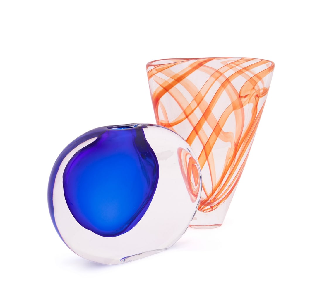 MURANO, TWO VASES: ARS CENEDESE & SEGUSO VIRO: Italian, late 20th century. Group of two blown Murano glass vases comprising, an Antonio Da Ros (Italian, 1936-2012) for Vetreria Gino Cenedese / Ars Cenedese (Italian, founded 1946) colorless and blu