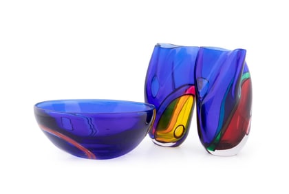 ARCHIMEDE SEGUSO, TWO 'CARNEVALE' VASES & A BOWL