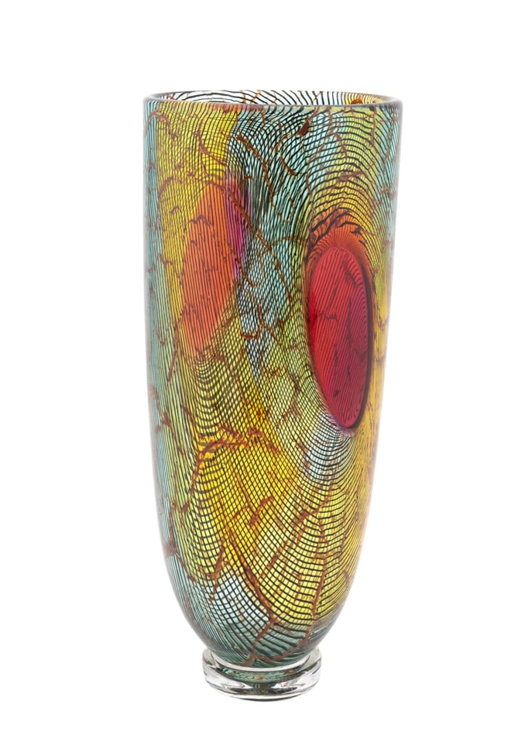 G. SEGUSO FOR SEGUSO VIRO 'PROMENADE' VASE, 1996: Giampaolo Seguso (Italian, 1942-2023) for Seguso Viro (Italian, founded 1993), 1996. Limited edition multicolored Murano "Promenade" glass vase, having a red murrine, printed label "36,600", etched "G