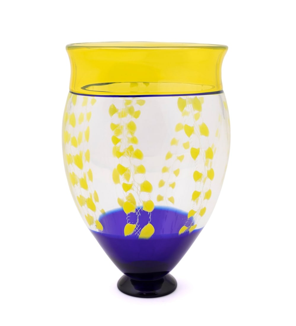 SEGUSO VIRO 'GLICINE GIALLO' VASE, 42/99: Giampaolo Seguso (Italian, 1942-2023) design for Seguso Viro (Italian, founded 1993), 1996. Limited edition blown Murano colorless, yellow, and blue incalmo and filigrana Glicine Giallo or Yellow Wist