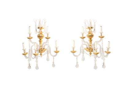 MURANO, PAIR OF BRASS & COLORLESS CRYSTAL SCONCES