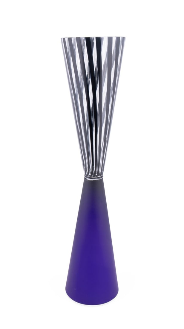 ANDREA ANASTASIO FOR MEMPHIS EXTRA 'MILES' VASE: Andrea Anastasio (Italian, born 1961) for Memphis Extra (Italian, 1991-1998), 1990s. Murano "Miles" canne and latticino glass double beaker-form vase, having a cobalt blue base, appropriately marked.