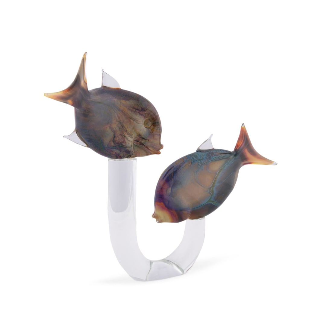 OSCAR ZANETTI 'PAIR OF FISH' GLASS SCULPTURE: Oscar Zanetti (Italian, born 1961) for Zanetti Murano (Italian, founded 1956), late 20th to early 21st century. Murano colorless and Calcedonia "Pair of Fish" glass sculpture, appropriately marked. Pr