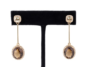 QUARTZ, CITRINE & DIAMOND 18K YG EARRINGS