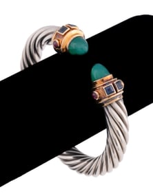 MULTI GEMSTONE ROPE MOTIF STERLING & 18K YG BANGLE