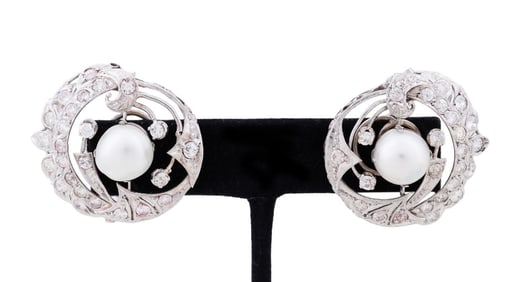 14K WHITE GOLD, DIAMOND & PEARL EARRINGS