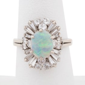 18K WHITE GOLD, OPAL & DIAMOND BALLERINA RING