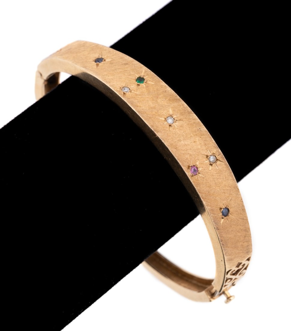 DIAMOND, GARNET & SAPPHIRE 14K YG HINGED BANGLE (1 of 5)