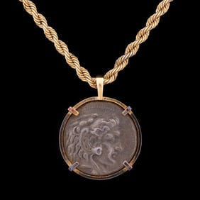 ALEXANDER III 18K MOUNTED COIN & 14K ROPE CHAIN