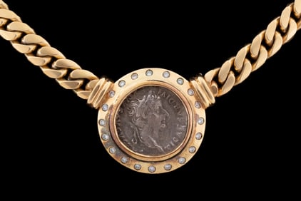 ROMAN COIN SET IN A 18K W/ DIA BEZEL AND CHAIN